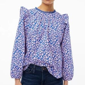 J. Crew Size S Liberty Long-Sleeve Ruffle-Shoulder Top Lace Neckline Pintucked